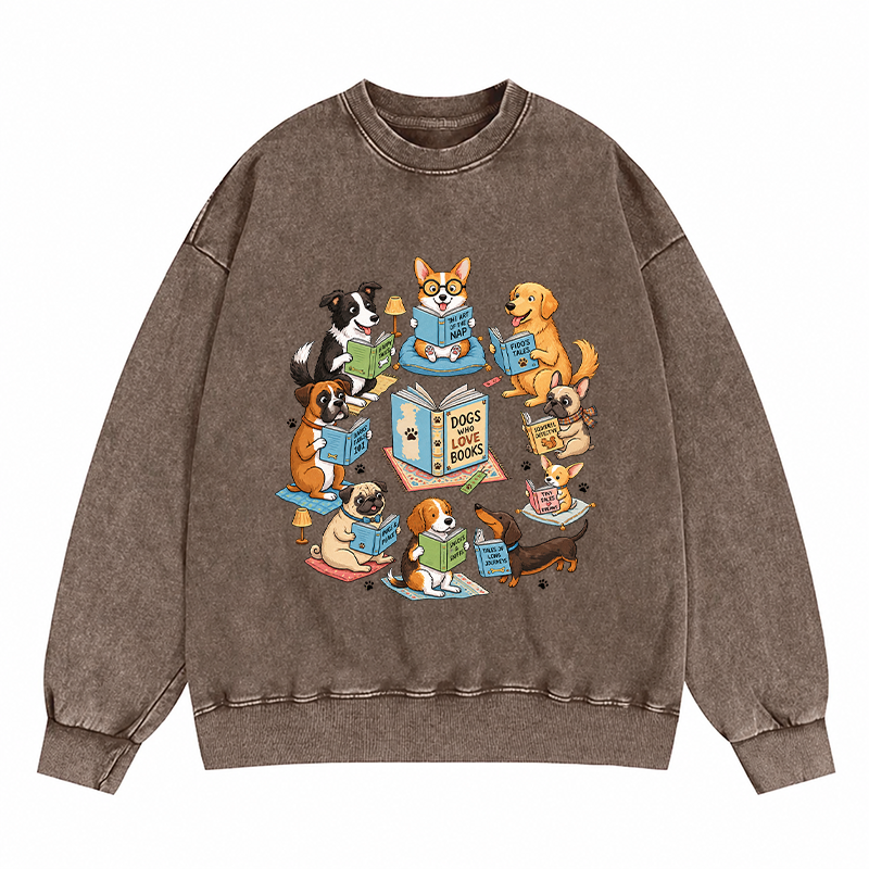 Dogs Who Love Books Reading Washed Crewneck Sweatshirt