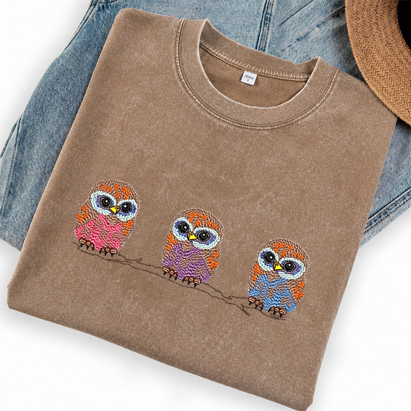 Embroidered Cute Owl Washed Crew Neck T-Shirt