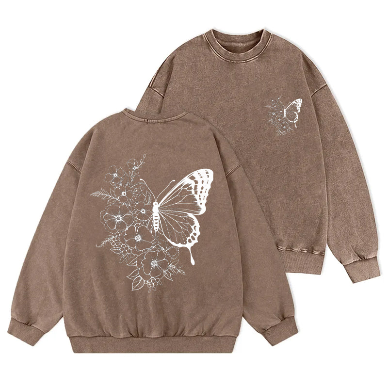 Floral Butterfly Washed Crewneck Sweatshirt