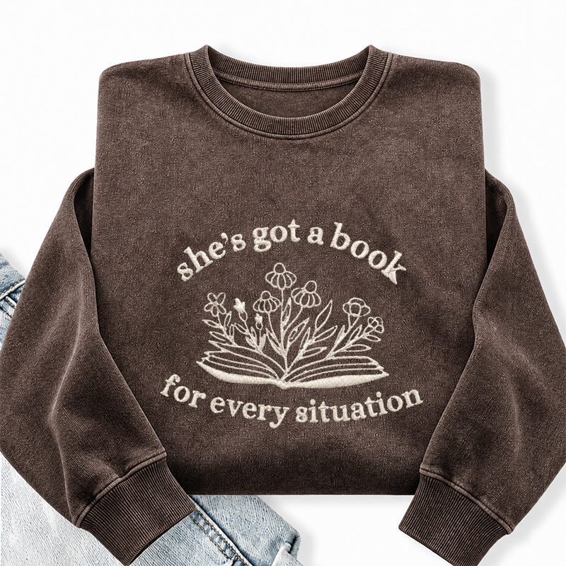 Embroidered She's Got A Book Washed Crewneck Sweatshirt