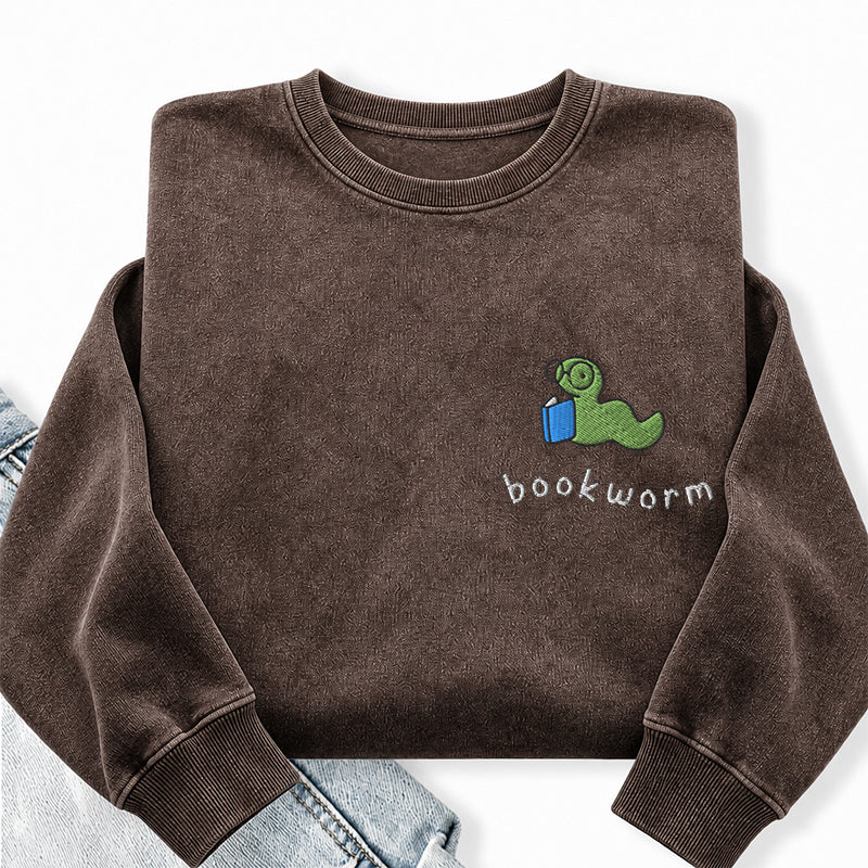 Embroidered Bookworm Washed Crewneck Sweatshirt
