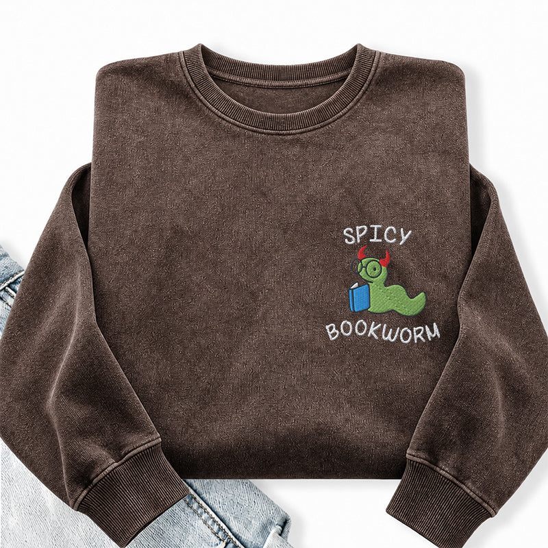 Embroidered Spicy Bookworm Washed Crewneck Sweatshirt