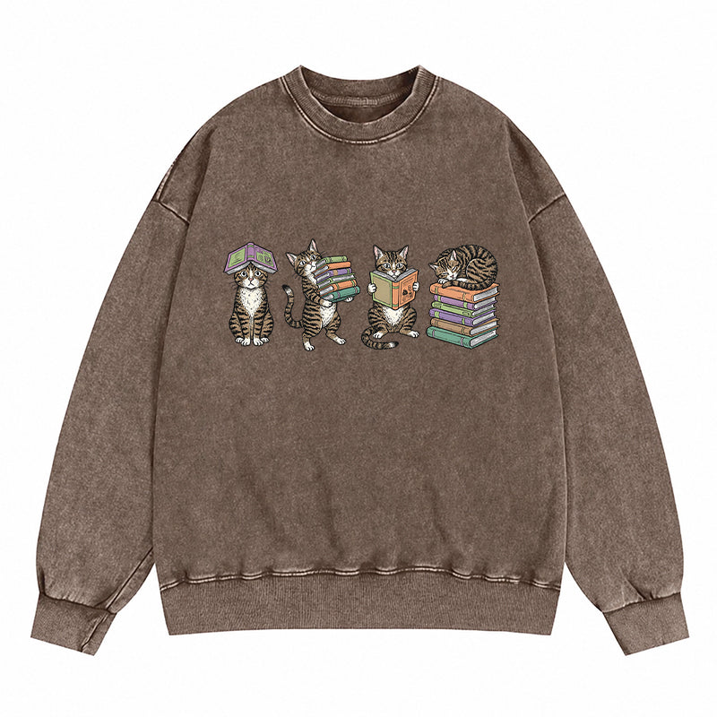 Cats Reading Books Washed Crewneck Sweatshirt