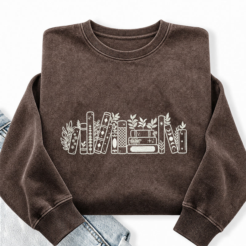 Embroidered Flower Book Washed Crewneck Sweatshirt