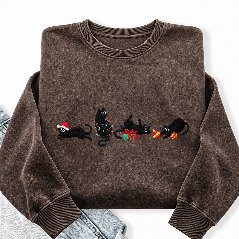 Embroidered Black Cat Christmas Washed Crewneck Sweatshirt