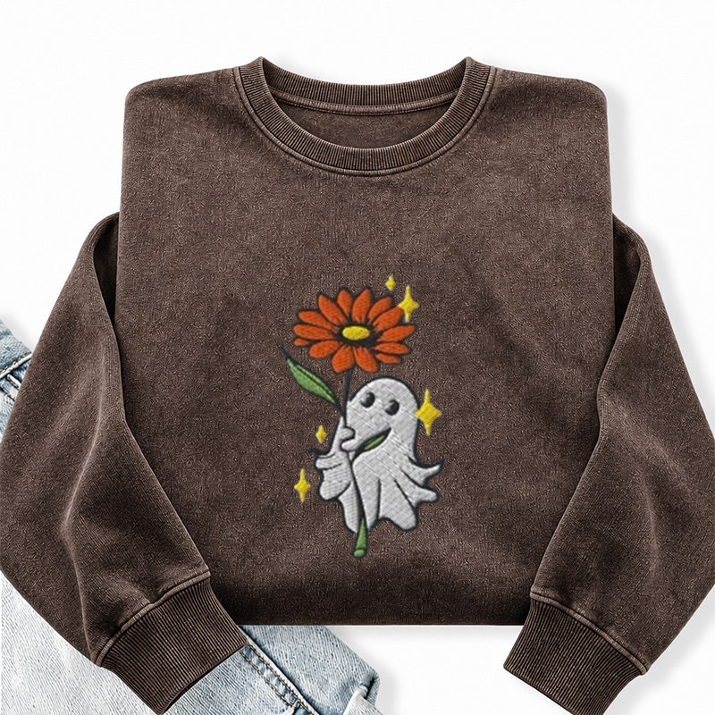 Embroidered Ghost Holding a Flower Washed Crewneck Sweatshirt