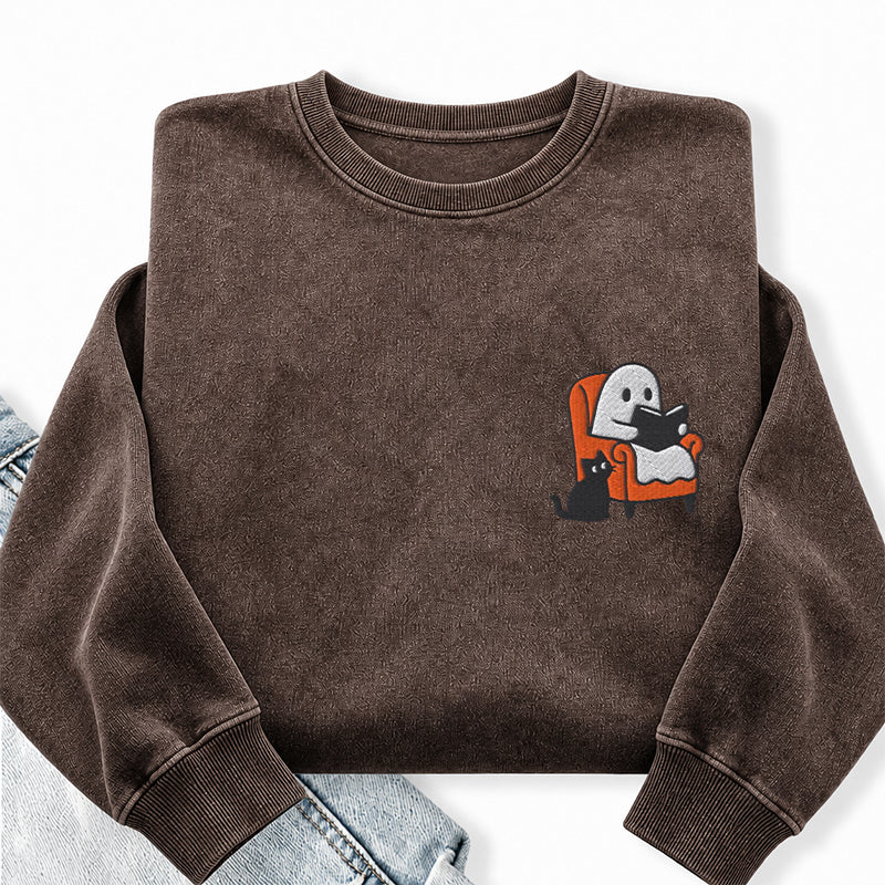 Embroidered Ghost Reading On Sofa Washed Crewneck Sweatshirt