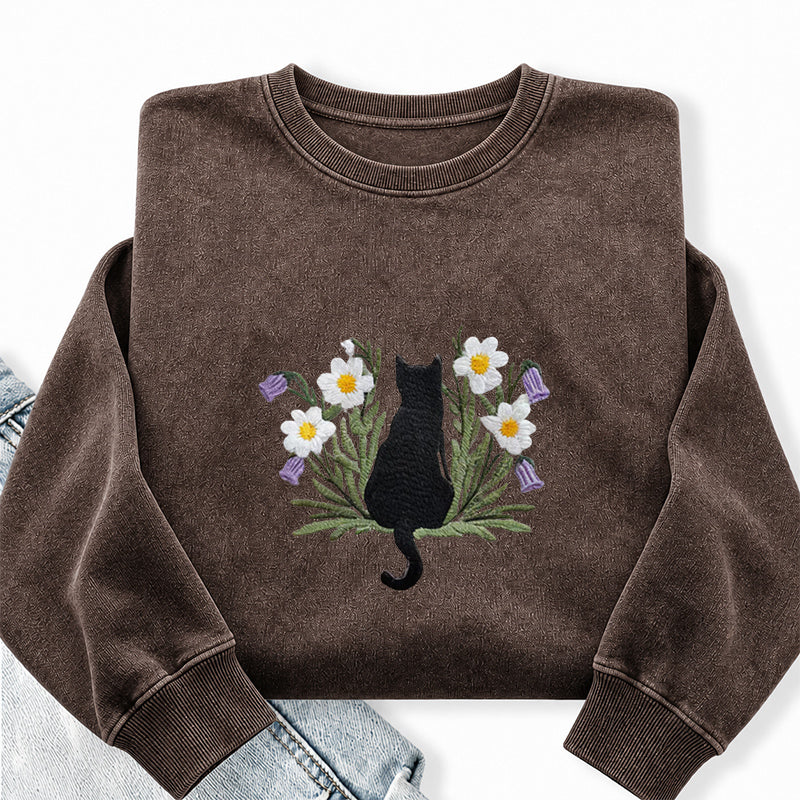 Embroidered Black Cat Flower Washed Crewneck Sweatshirt