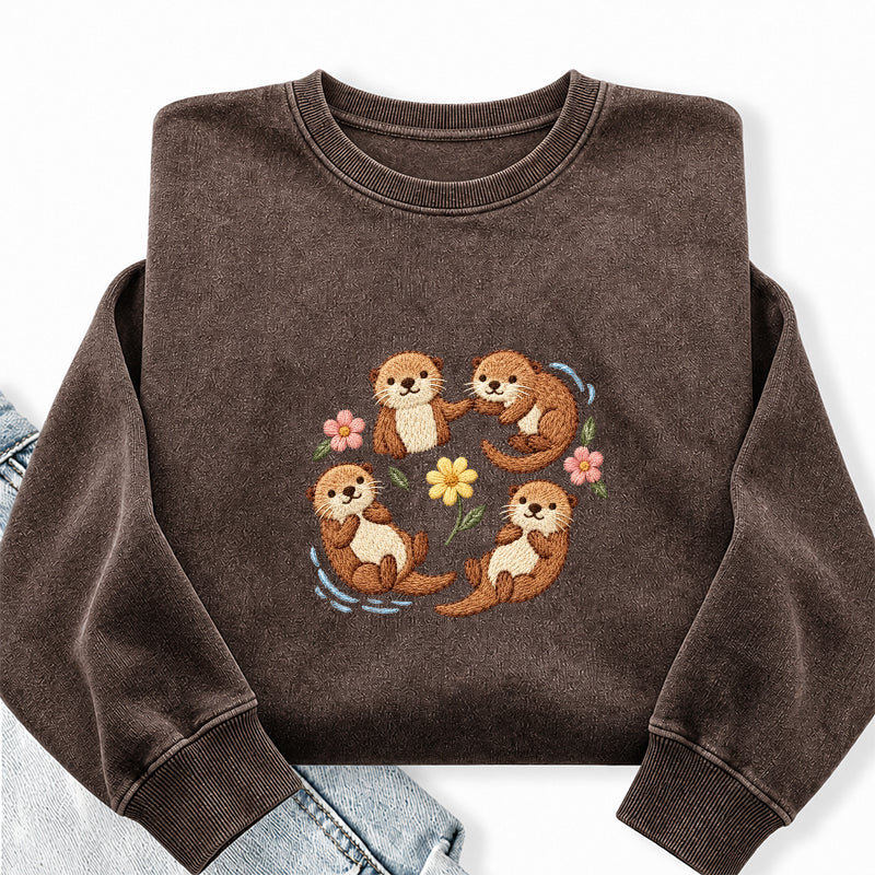 Embroidered Sea Otters And Flowers Washed Crewneck Sweatshirt
