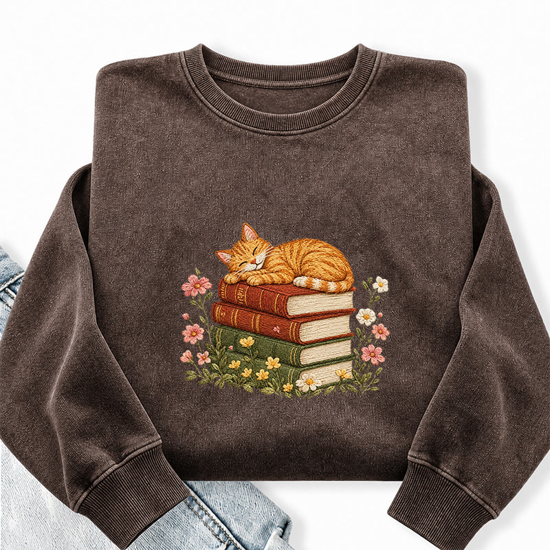 Embroidered Cat Sleeping On Books Washed Crewneck Sweatshirt