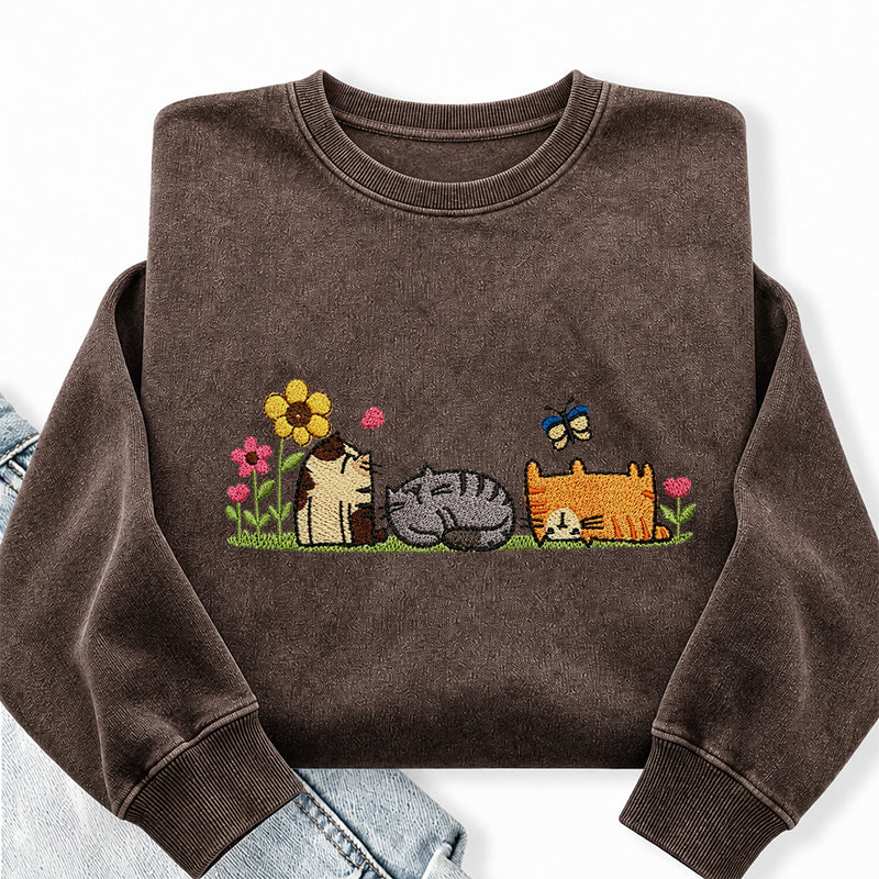 Embroidered Floral Cute Cat Washed Crewneck Sweatshirt