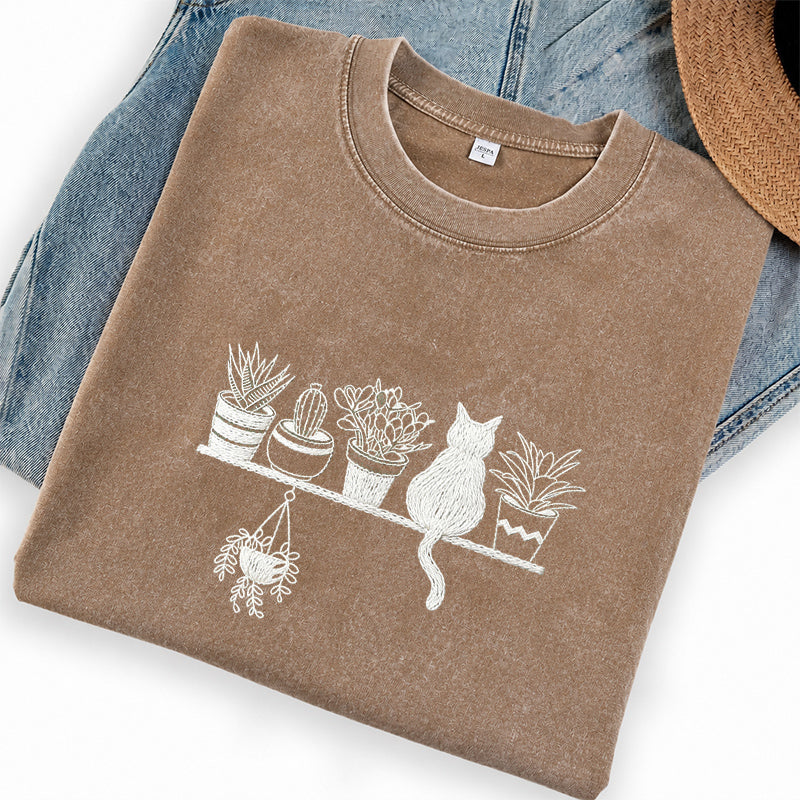 Embroidered Cats And Plants Washed Crew Neck T-Shirt