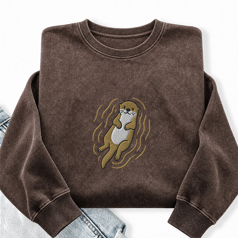Embroidered Otter Washed Crewneck Sweatshirt