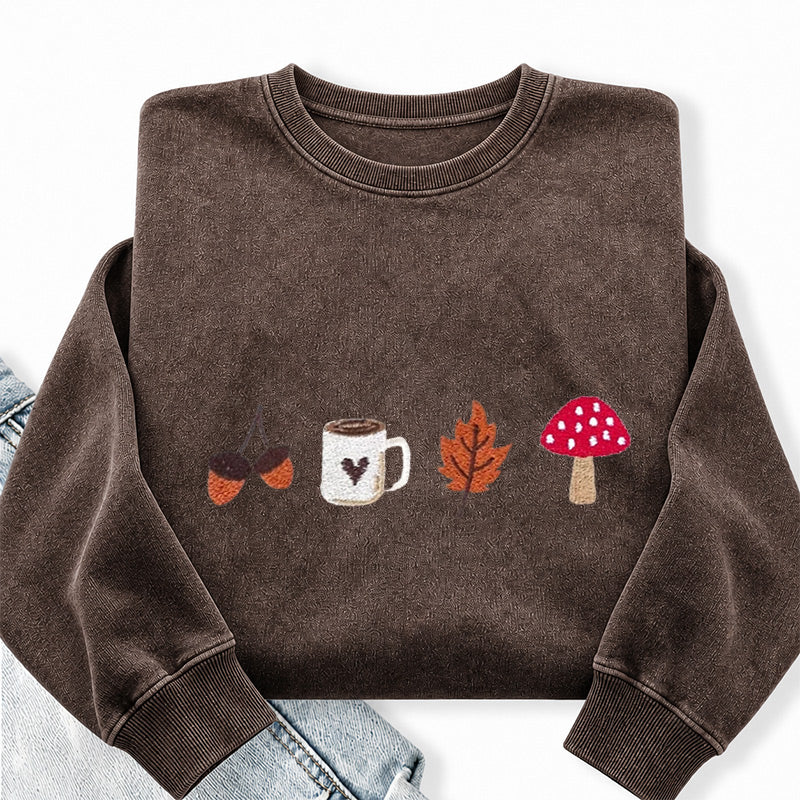 Embroidered Cozy Autumn Washed Crewneck Sweatshirt