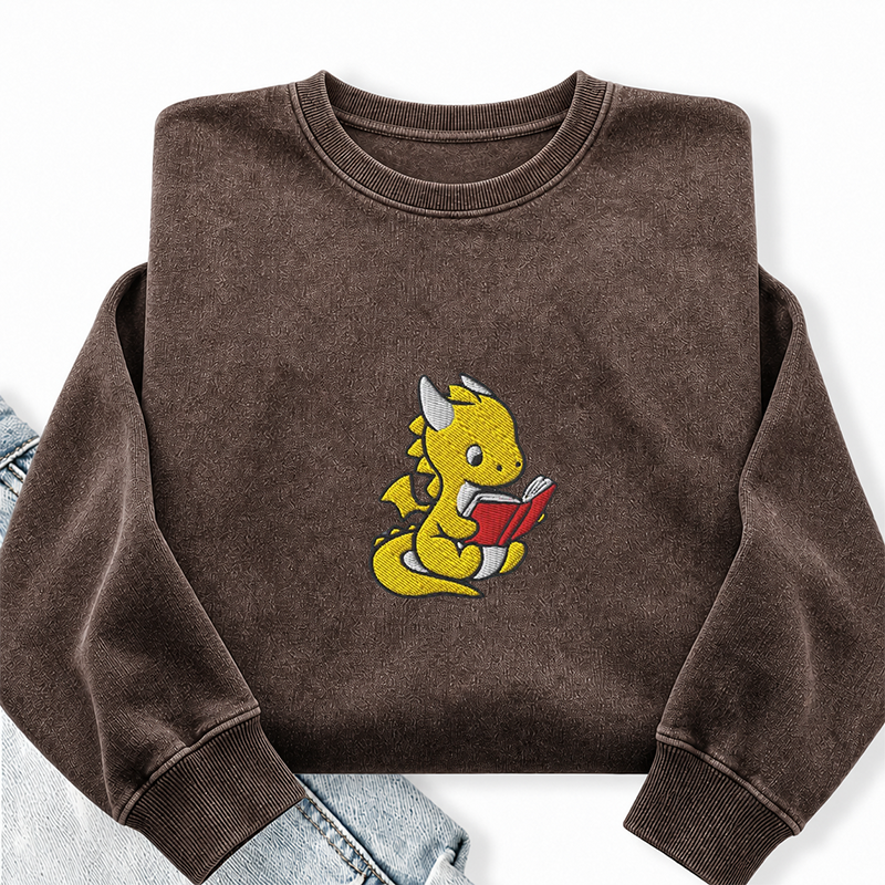 Embroidered Dragon Reading Books Washed Crewneck Sweatshirt