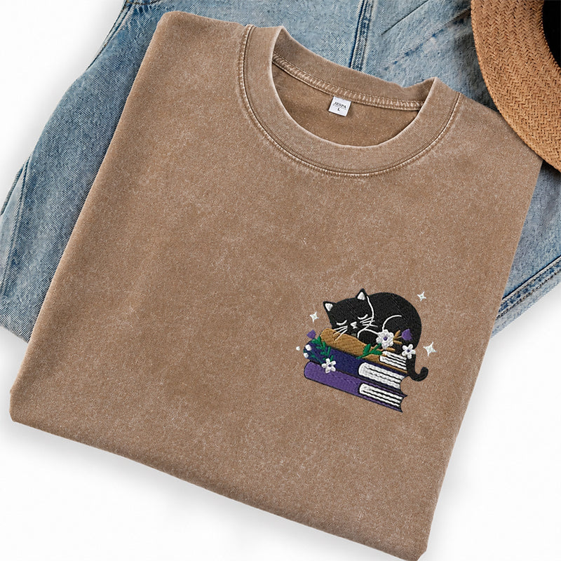 Embroidered Black Cat Floral Book Washed Crew Neck T-Shirt