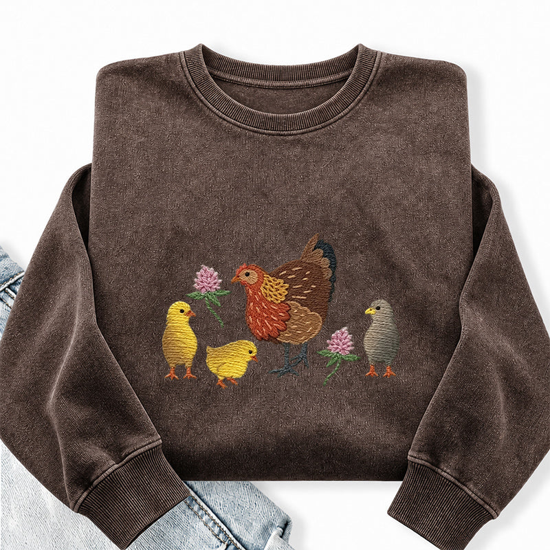 Embroidered Hen & Chicks Washed Crewneck Sweatshirt