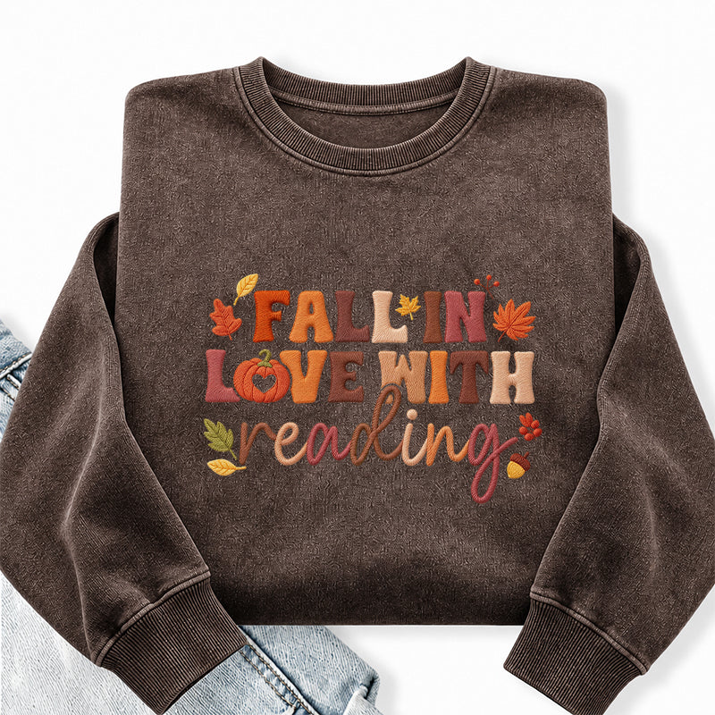 Embroidered Fall In Love With Reading Washed Crewneck Sweatshirt