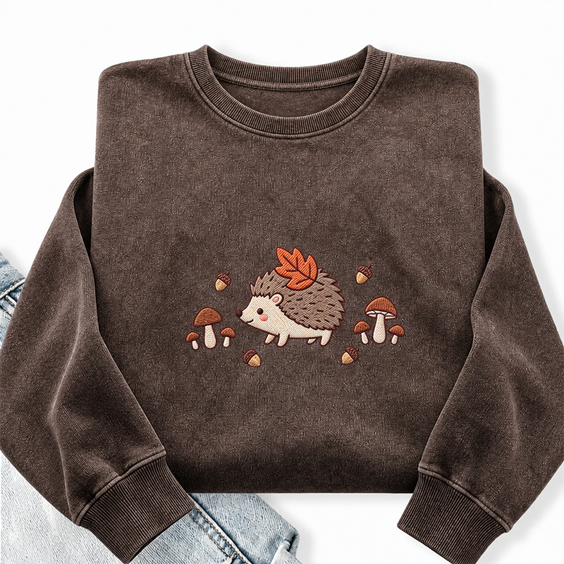 Embroidered Hedgehog Mushroom Washed Crewneck Sweatshirt