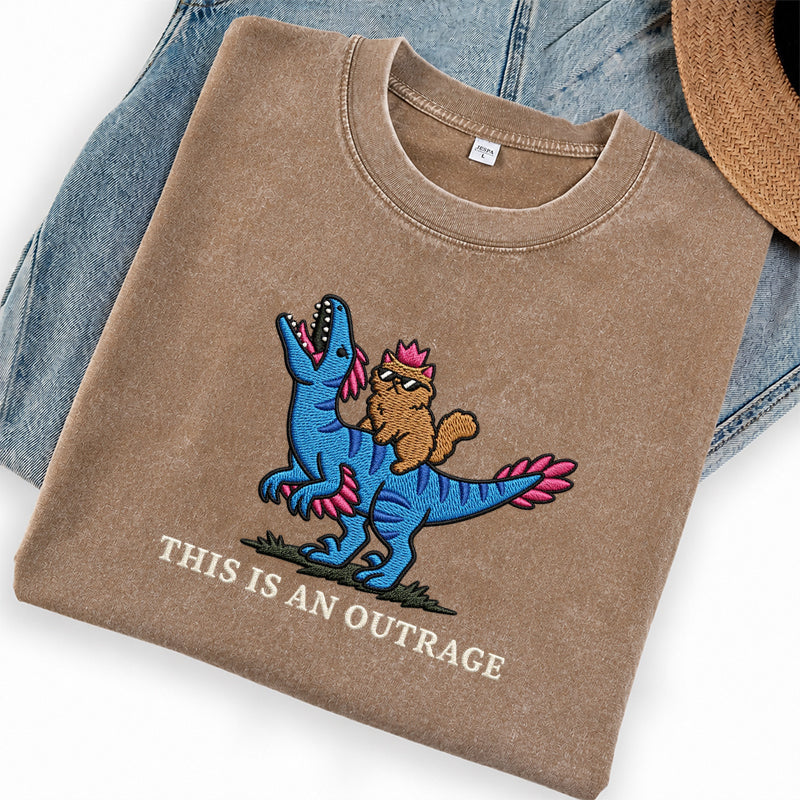 Embroidered This Is An Outrage Book Lover Washed Crew Neck T-Shirt