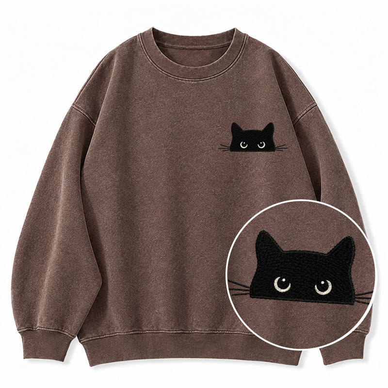 Embroidered Peeking Black Cat Washed Crewneck Sweatshirt