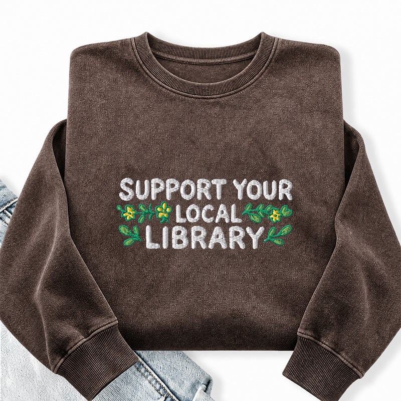 Embroidered Support Your Local Library Washed Crewneck Sweatshirt
