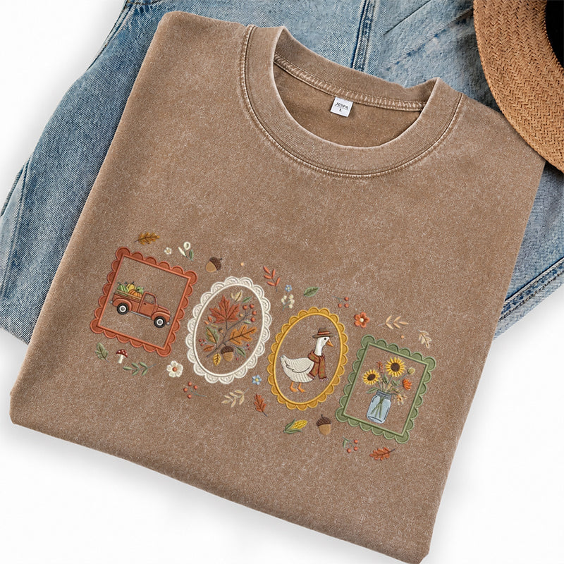 Embroidered Autumn Postcards Washed Crew Neck T-Shirt