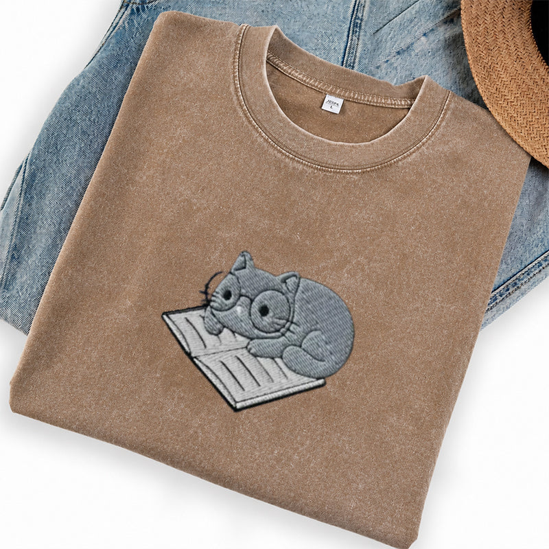 Embroidered Cat On Book Washed Crew Neck T-Shirt