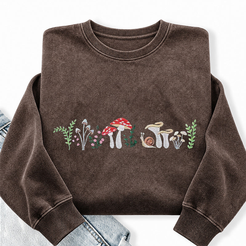 Embroidered Forest Mushroom Washed Crewneck Sweatshirt