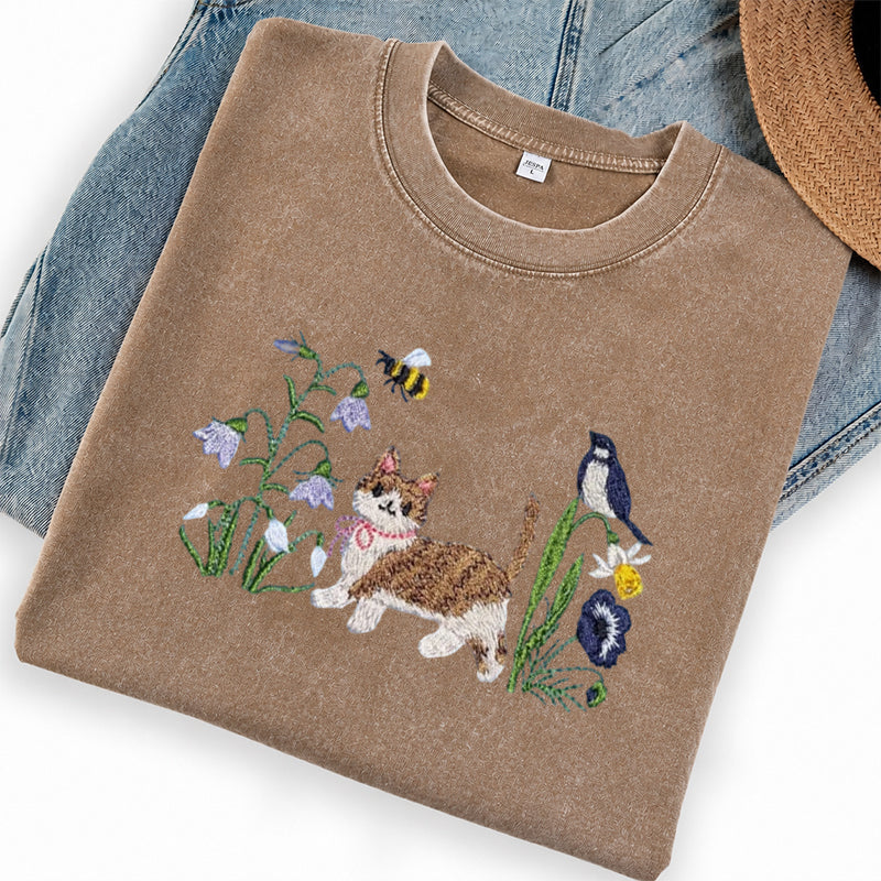 Embroidered Cat Wildflower Washed Crew Neck T-Shirt