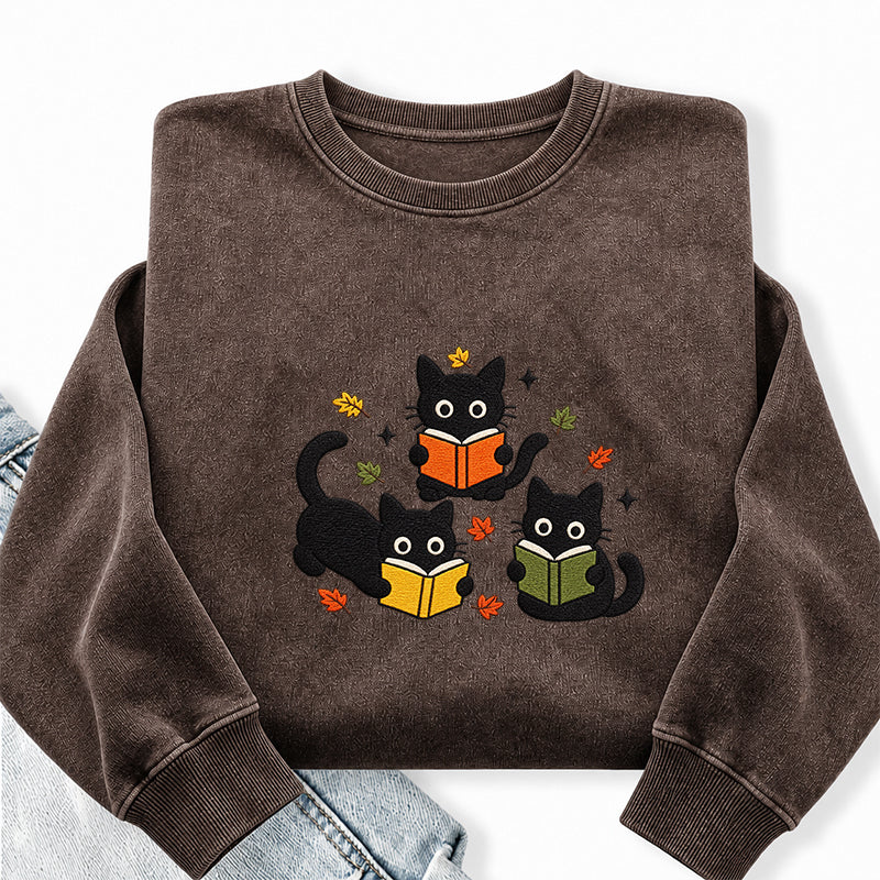Embroidered Fall Black Cat Reading Books Washed Crewneck Sweatshirt