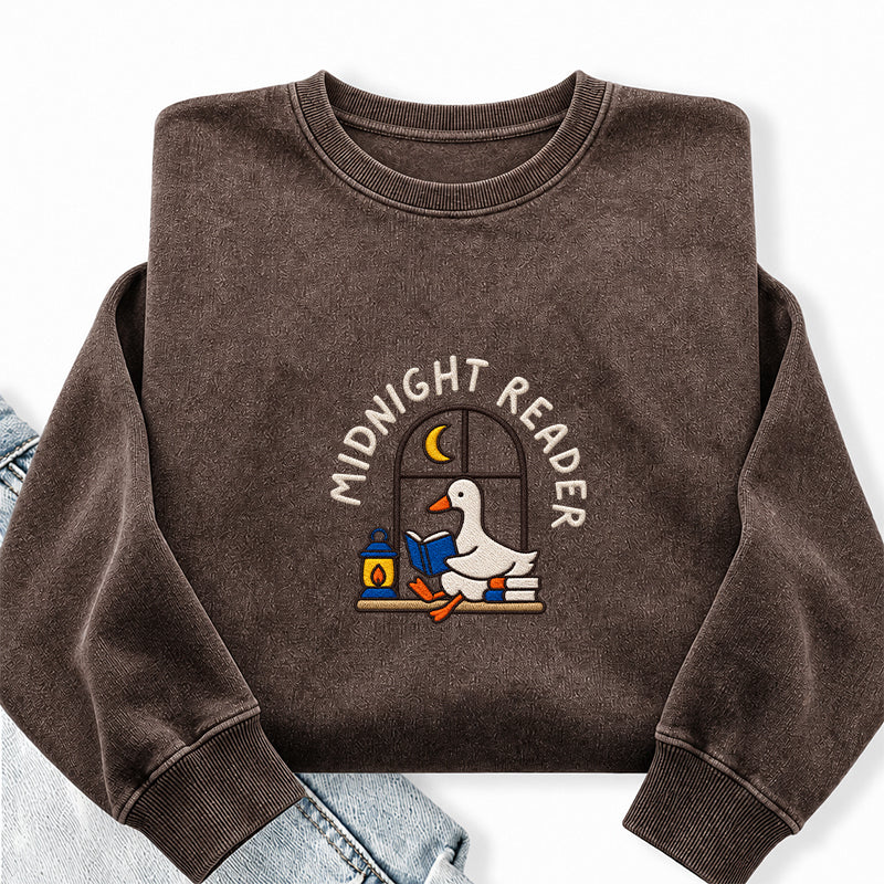 Embroidered Midnight Reader Goose Washed Crewneck Sweatshirt