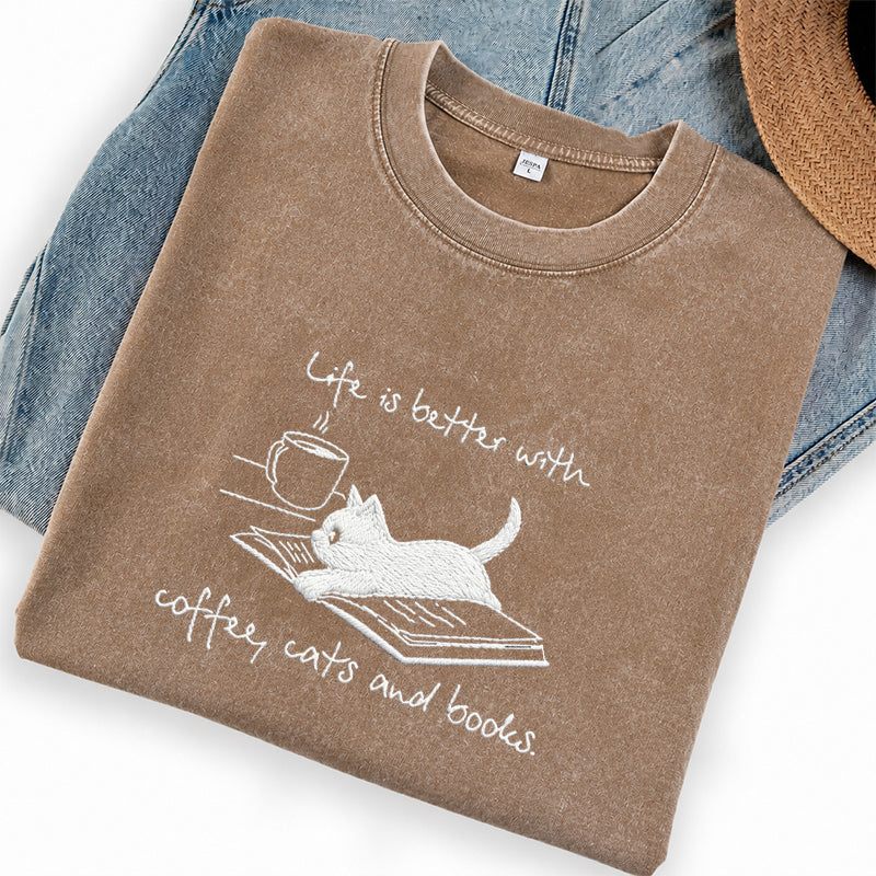Embroidered Coffee Cat and Books Washed Crew Neck T-Shirt