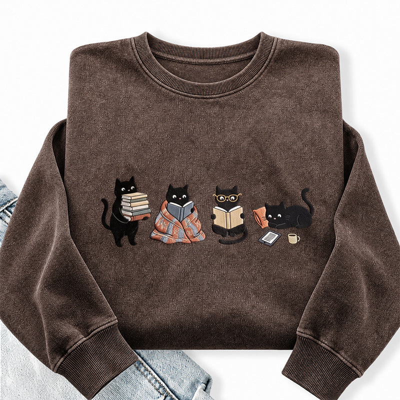 Embroidered Reading Black Cat Washed Crewneck Sweatshirt