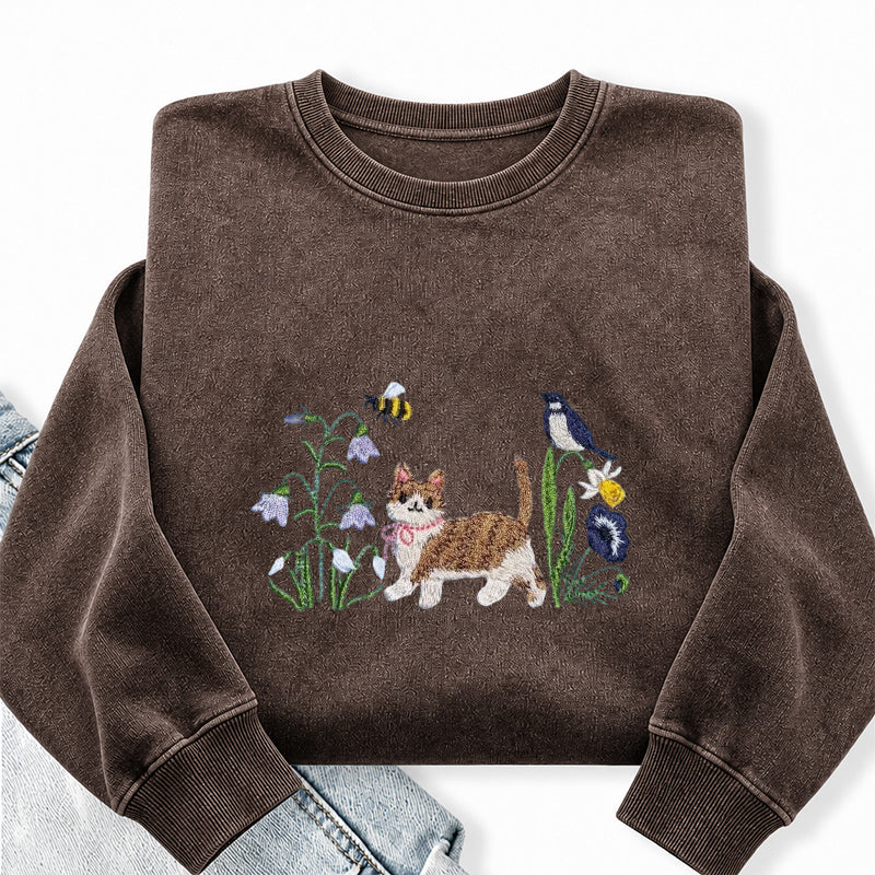 Embroidered Cat Wild Flower Washed Crewneck Sweatshirt