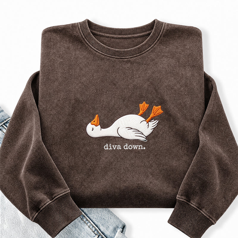Embroidered Diva Down Goose Washed Crewneck Sweatshirt