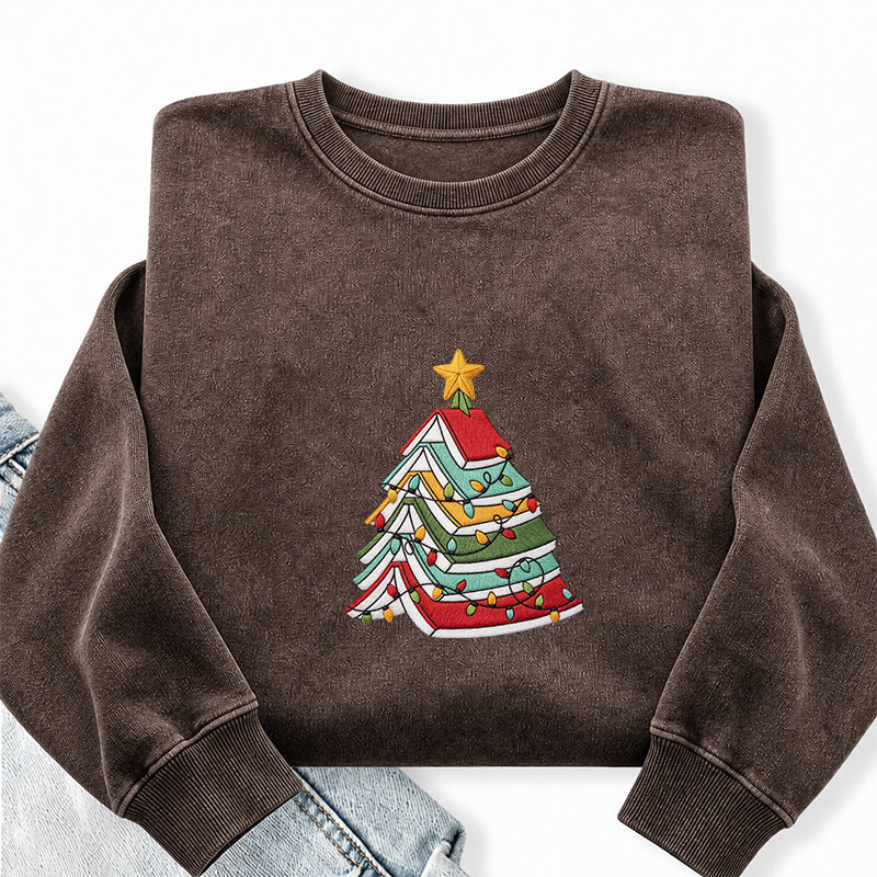 Embroidered Book Christmas Tree Washed Crewneck Sweatshirt