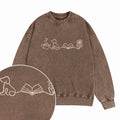 Embroidered Coffee Dog Book Flowers Washed Crewneck Sweatshirt