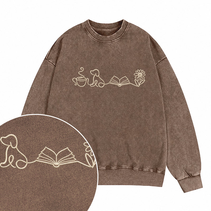 Embroidered Coffee Dog Book Flowers Washed Crewneck Sweatshirt