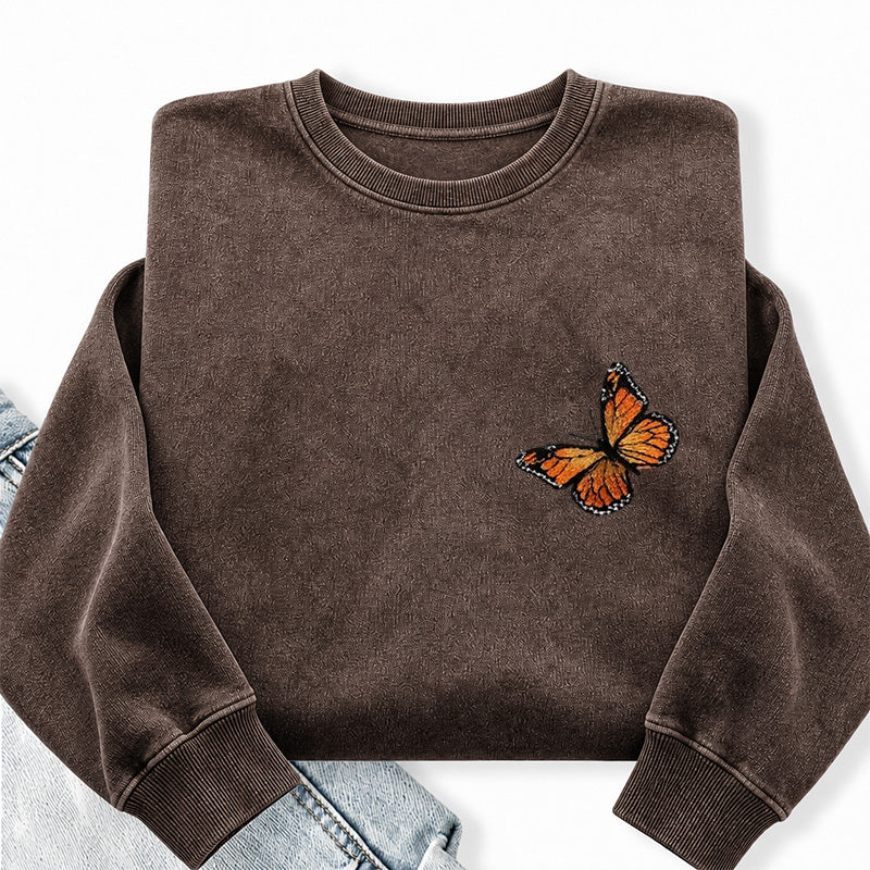 Embroidered Monarch Butterfly Washed Crewneck Sweatshirt