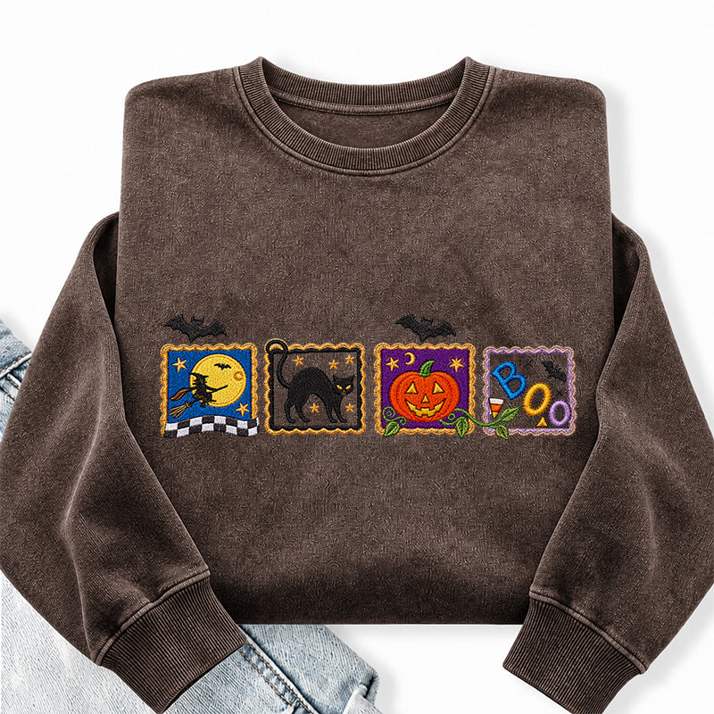 Embroidered Retro Halloween Washed Crewneck Sweatshirt