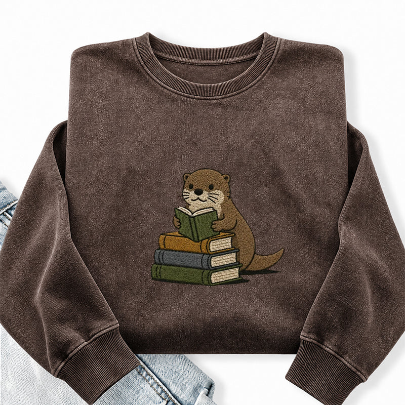 Embroidered Reading Otter Washed Crewneck Sweatshirt