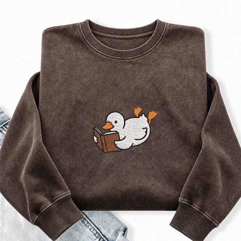 Embroidered Reading Duck Washed Crewneck Sweatshirt