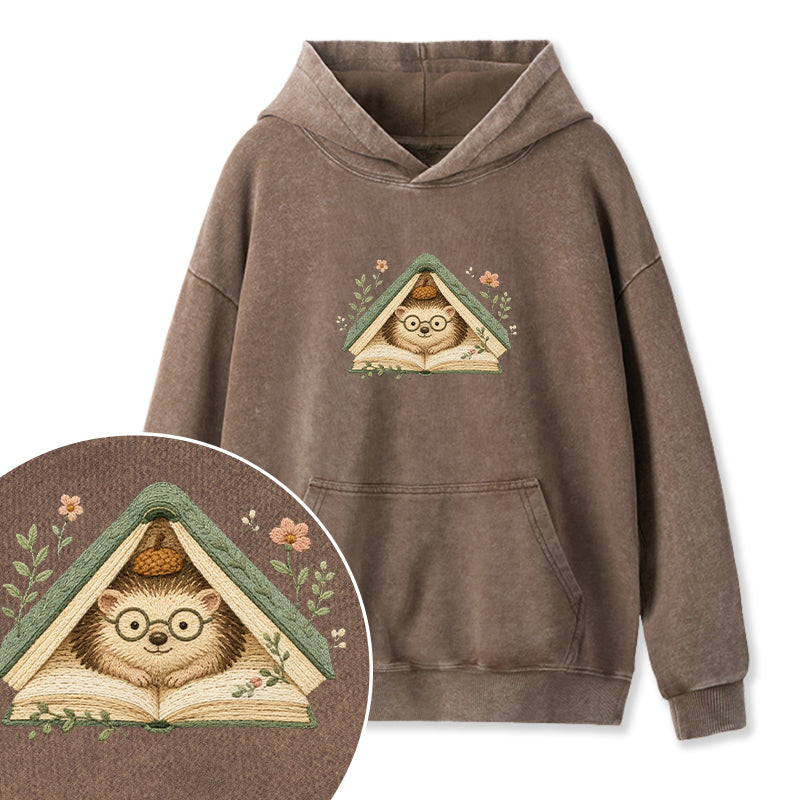 Embroidered Hedgehog Book Flower Washed Hoodie