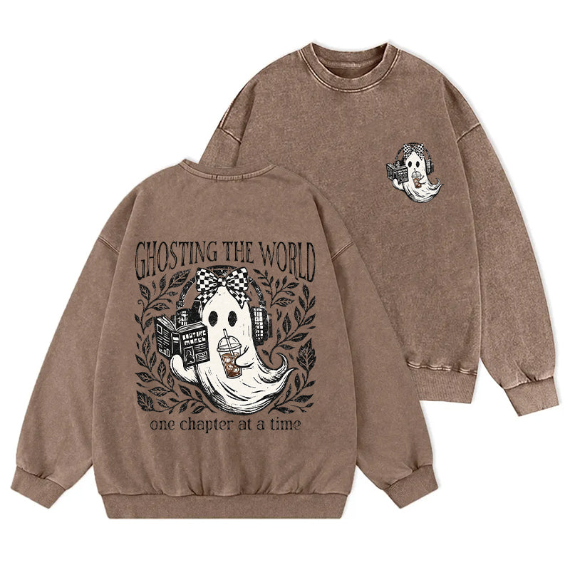 Funny Ghosting The World Reading Washed Crewneck Sweatshirt