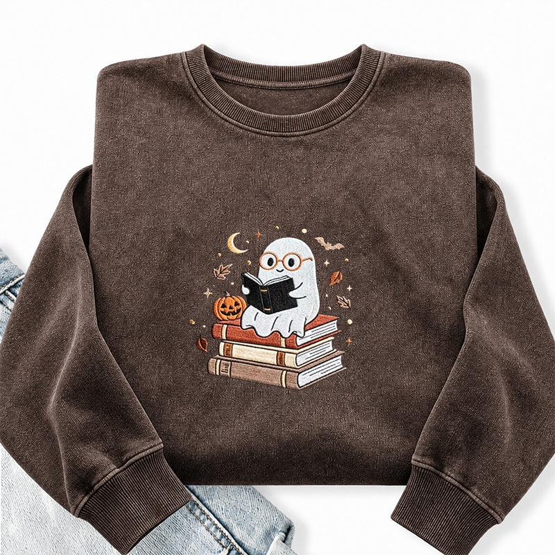 Embroidered Ghost Reading Books Washed Crewneck Sweatshirt