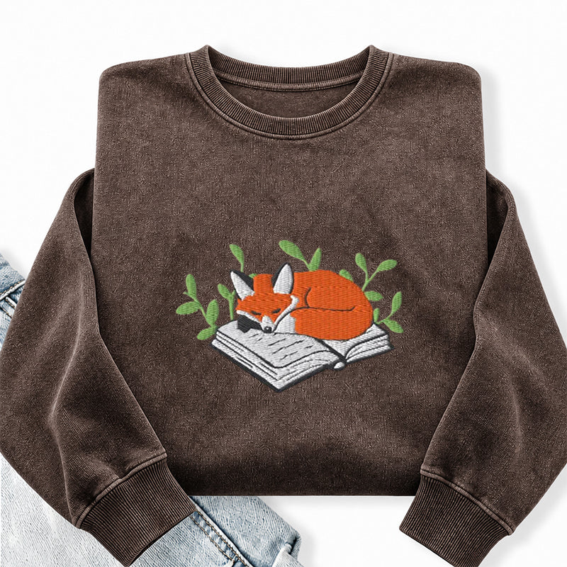 Embroidered Fox Book Nap Washed Crewneck Sweatshirt