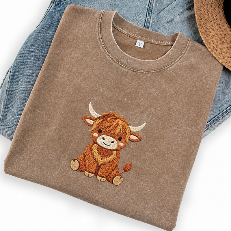 Embroidered Highland Cow Washed Crew Neck T-Shirt