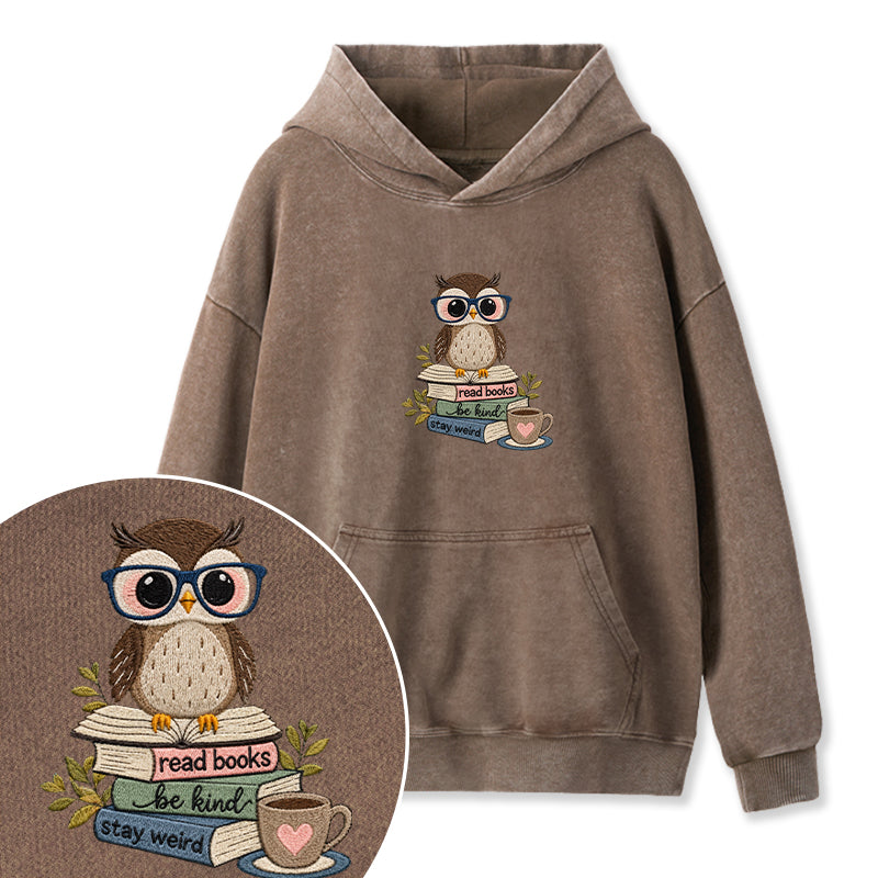 Embroidered Read Books Be Kind Owl Washed Hoodie