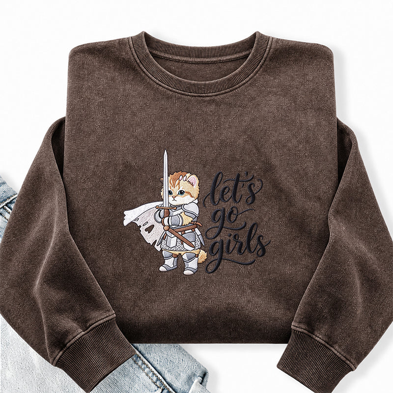 Embroidered Let's Go Girls Knight Cat Washed Crewneck Sweatshirt